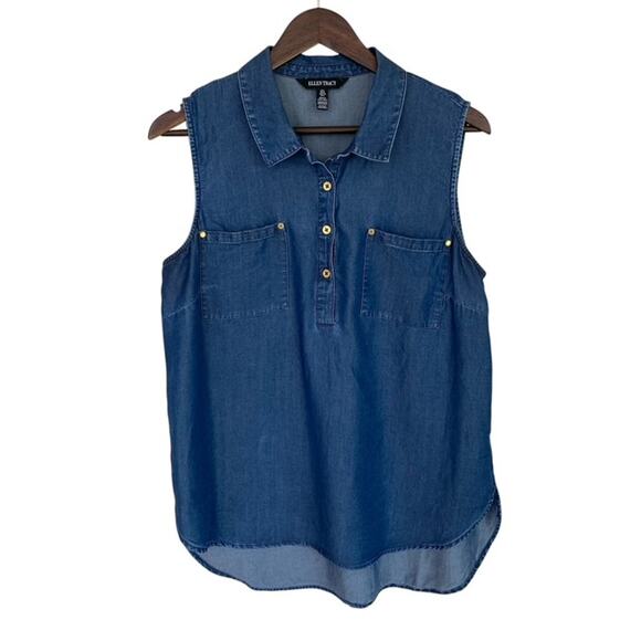 Ellen Tracy Navy Blue Chambray Sleeveless Top - Large - Picture 1 of 5
